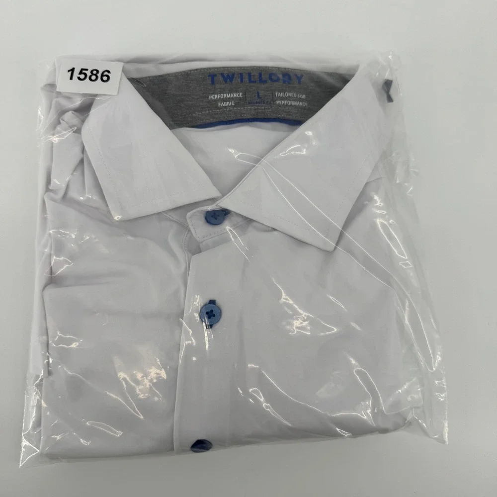 Twillory Performance Polo Mens Large White Tailored Fit Short Sleeve Blue Button